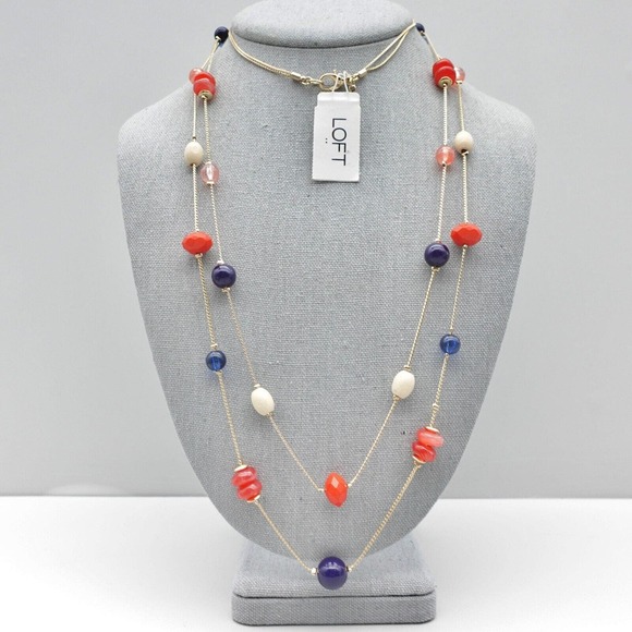 LOFT Jewelry - LOFT Necklace Double Strand Red White Blue Station Beads Gold Tone 28 Inch
